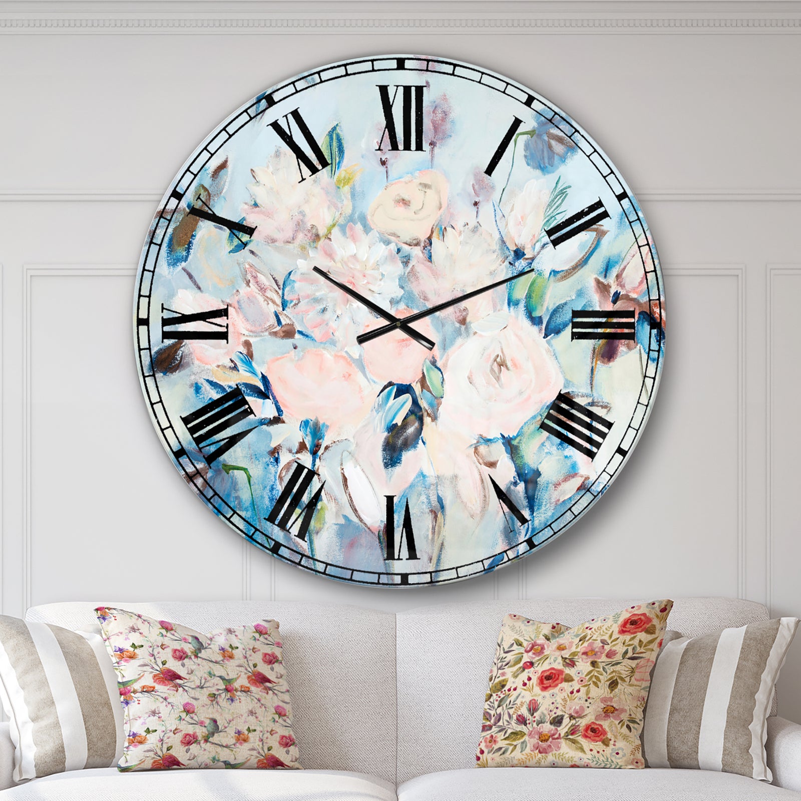 Abstract Pink Flowers Farmhouse Waterpainting  - Farmhouse Large Wall CLock