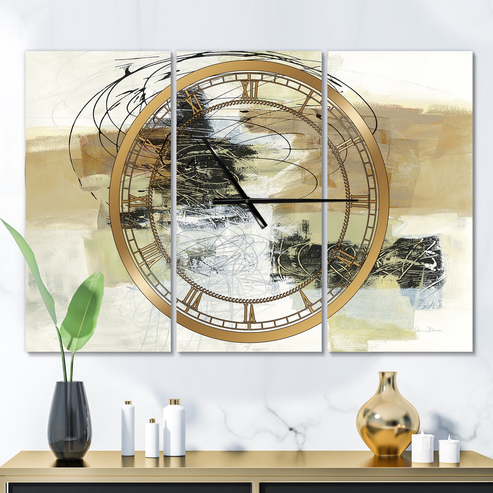 Glam Cream Dream I - Glam 3 Panels Large Wall CLock
