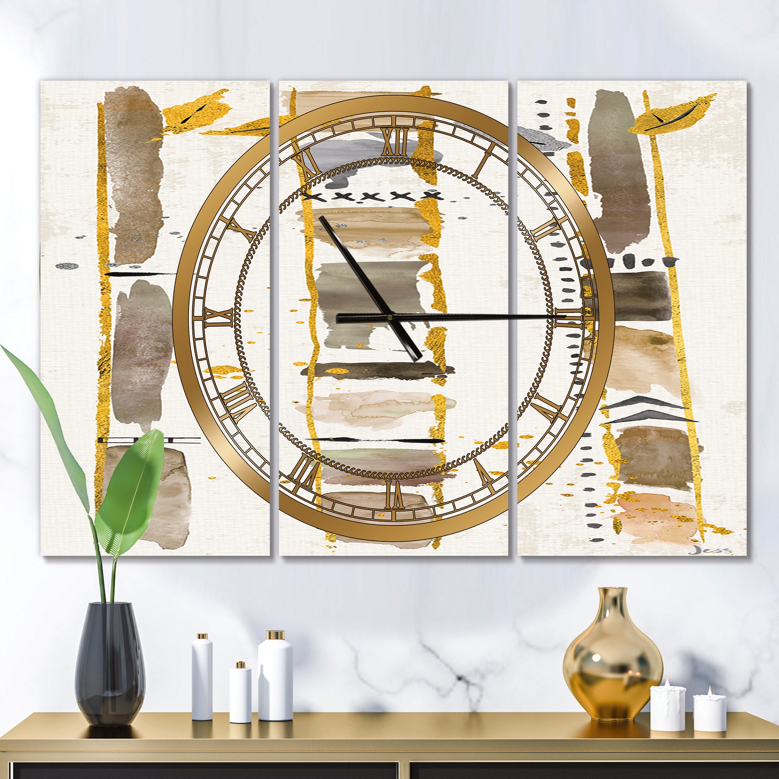 Golden Birch Forest VI - Glam 3 Panels Large Wall CLock