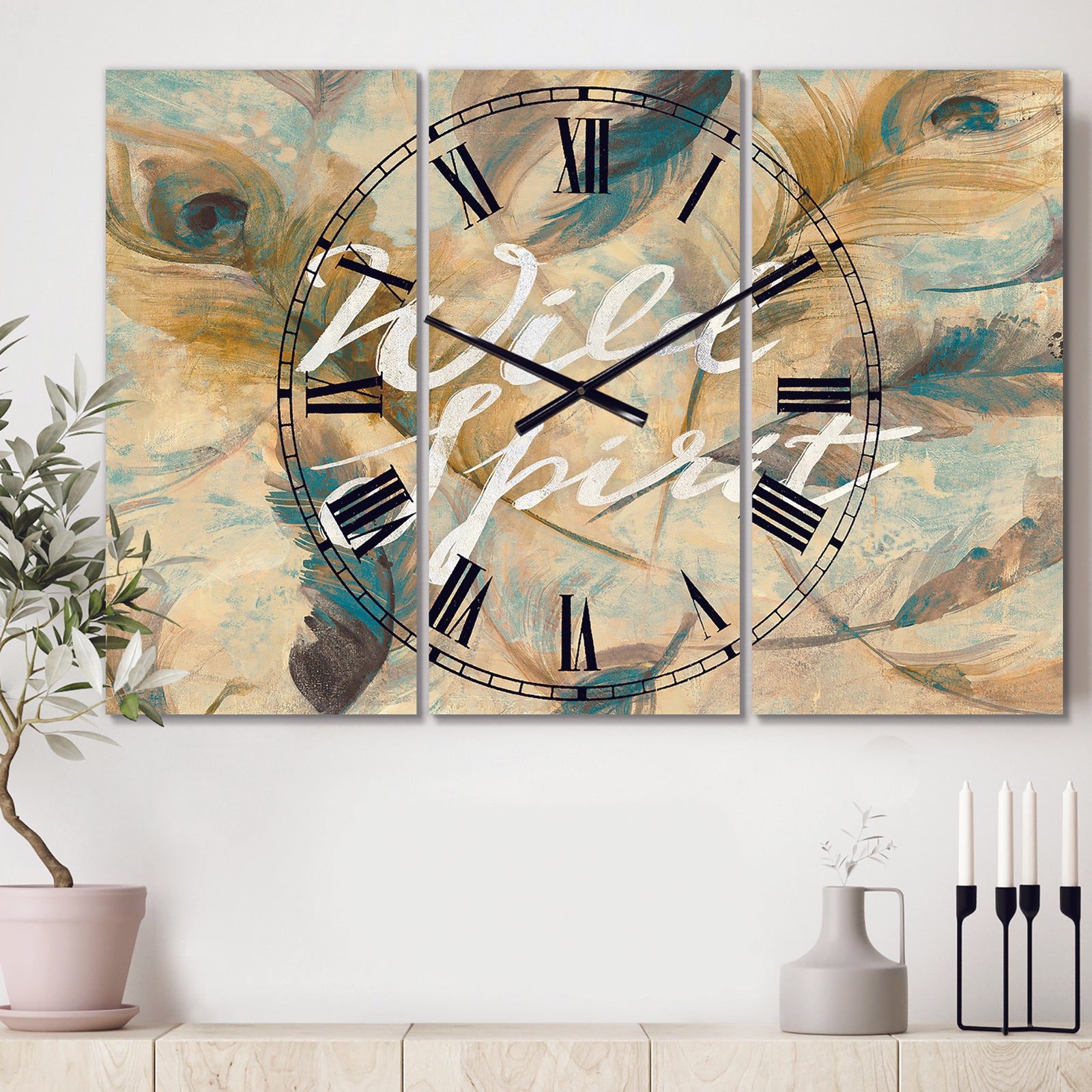 Wild Spirit Blue And Cream Cottage Feathers - Cottage 3 Panels Oversized Wall CLock