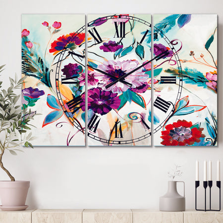 Abstract Purple And Red Farmhouse Flowers - Cottage 3 Panels Oversized Wall CLock