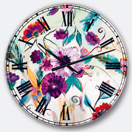 Abstract Purple And Red Farmhouse Flowers - Traditional Wall CLock