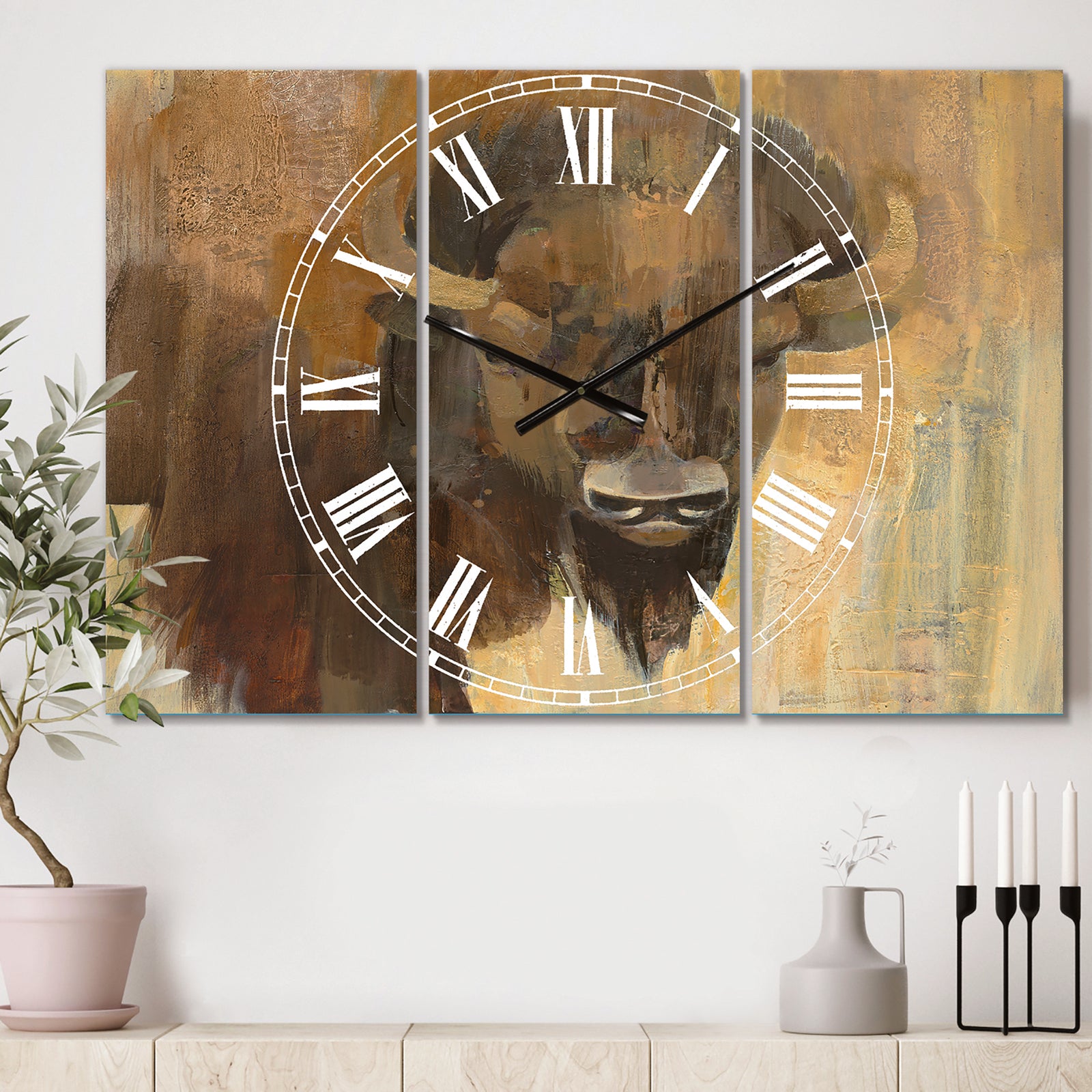 Into the Wild Gold Buffalo - Cottage 3 Panels Large Wall CLock