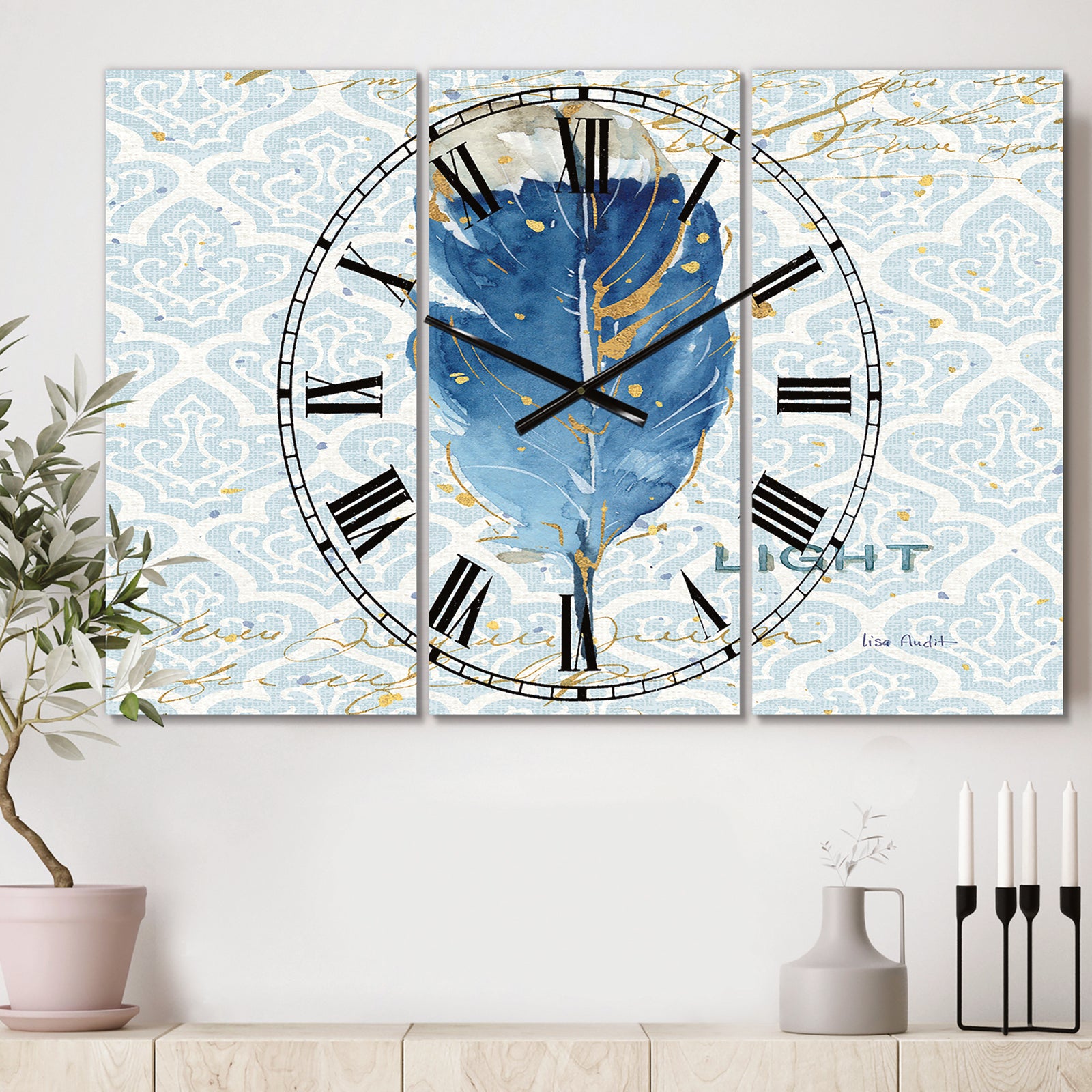 Blue Damask Feather - Cottage 3 Panels Oversized Wall CLock