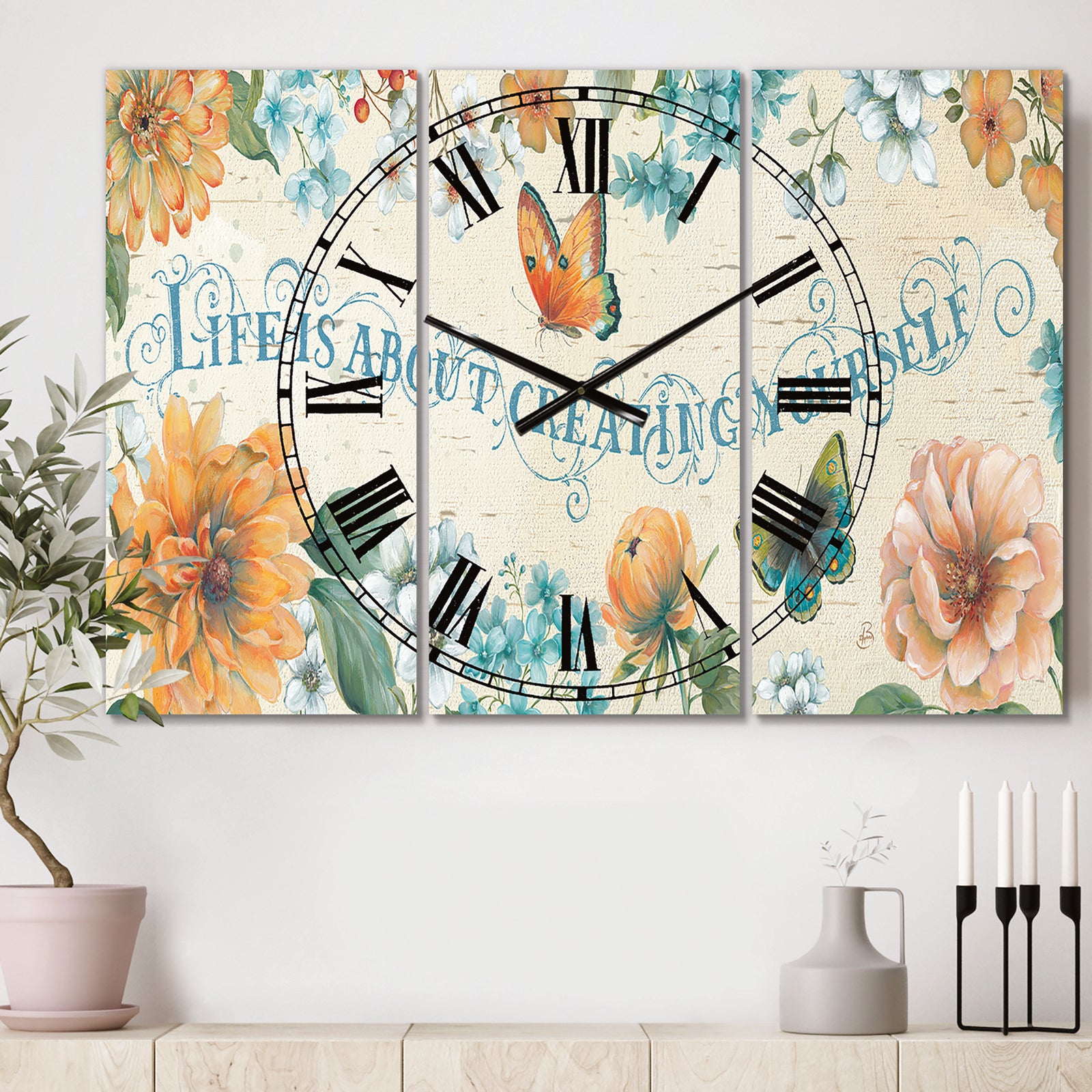 Butterfly Bloom lovely Quote - Cottage 3 Panels Oversized Wall CLock