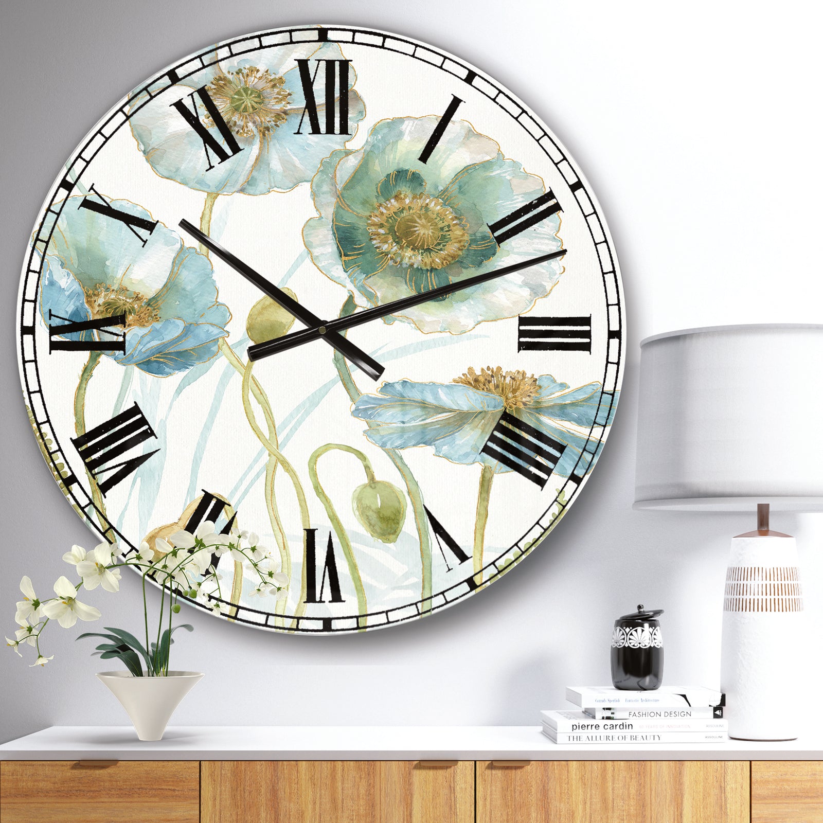 Blue Cottage Flowers Drawing I - Farmhouse Wall CLock