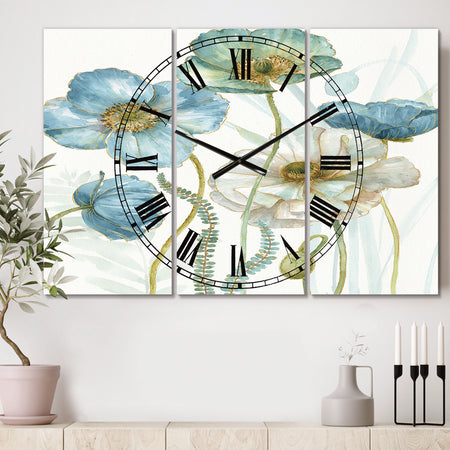 Blue Cottage Flowers Drawing II - Cottage 3 Panels Large Wall CLock