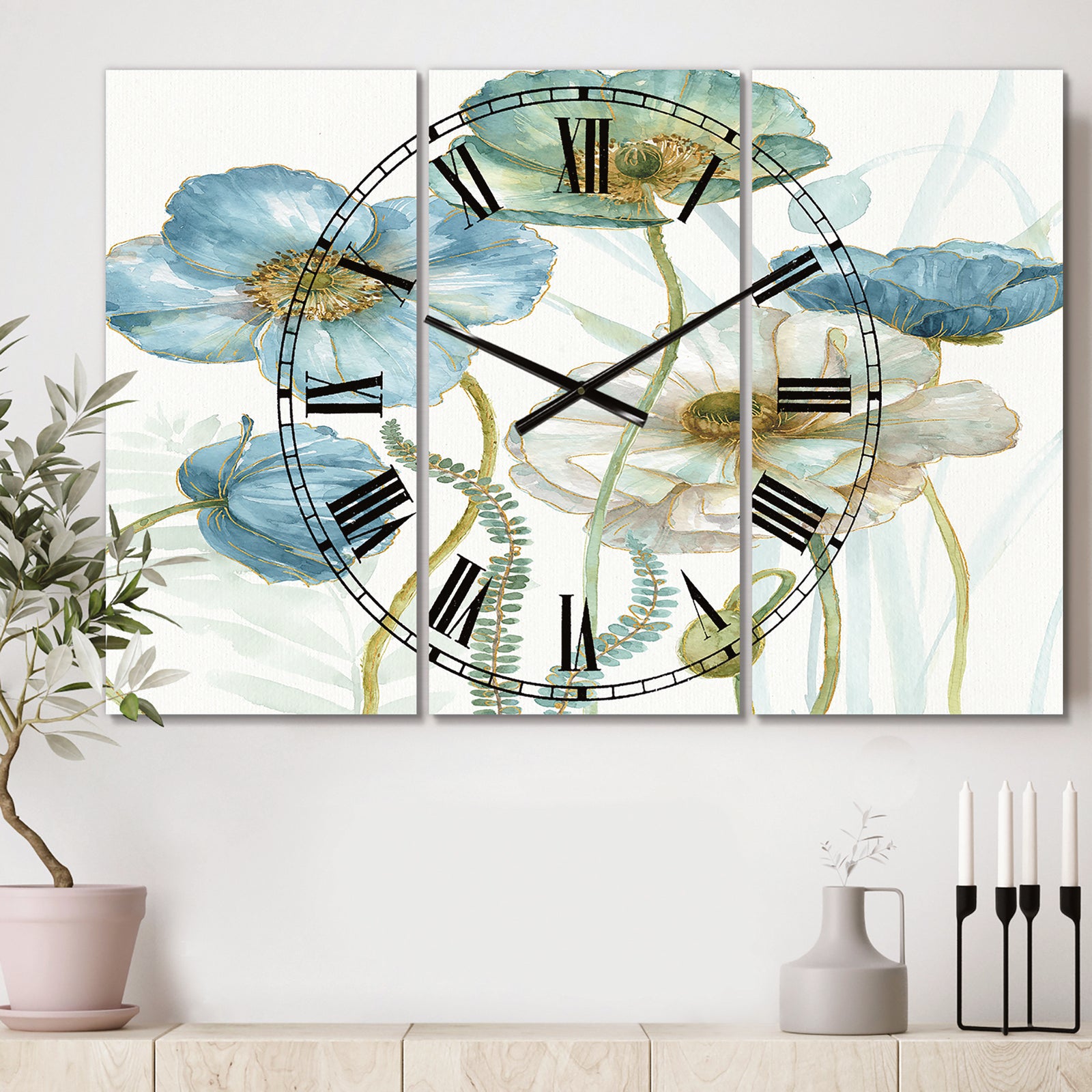 Blue Cottage Flowers Drawing II - Cottage 3 Panels Large Wall CLock