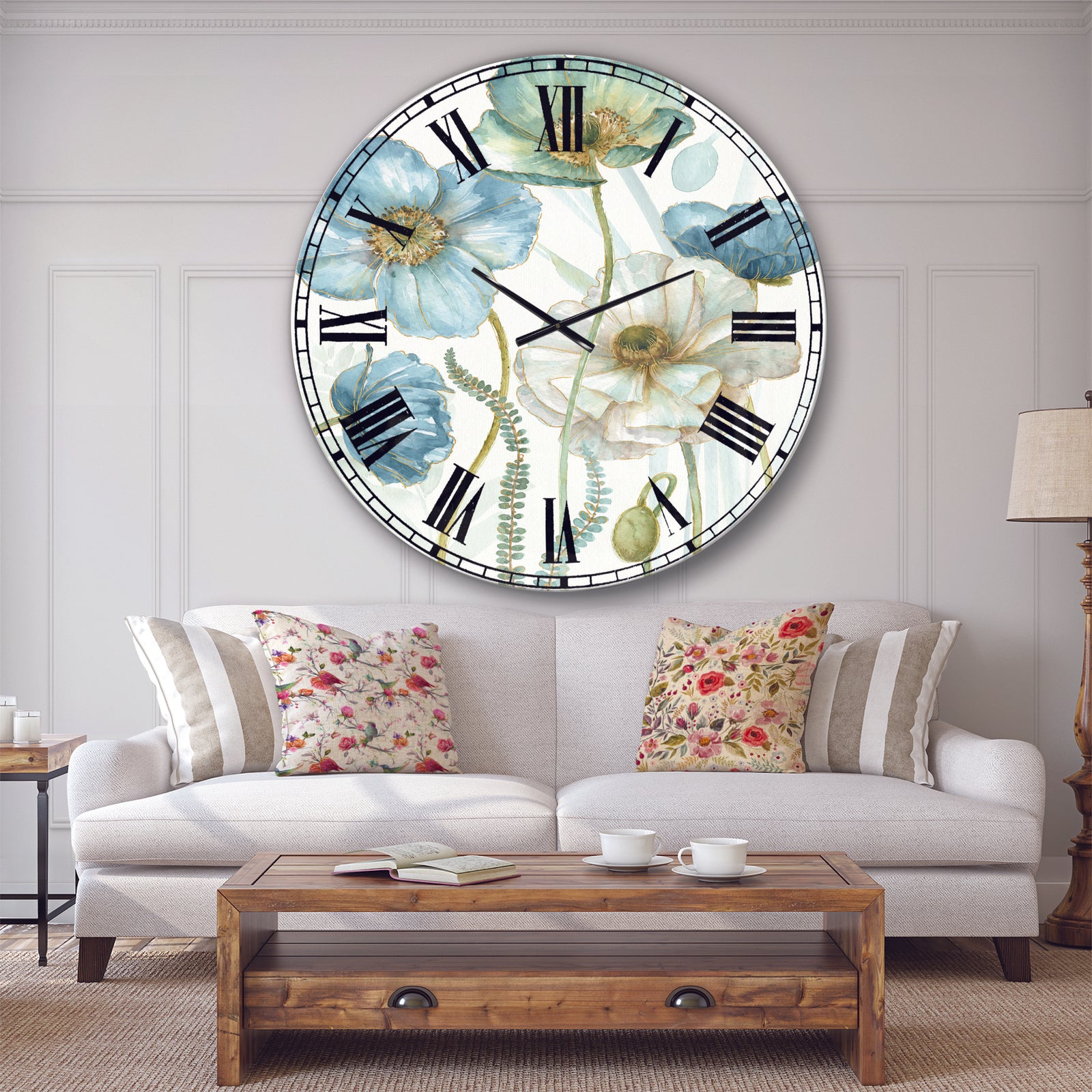 Blue Cottage Flowers Drawing II - Farmhouse Large Wall CLock