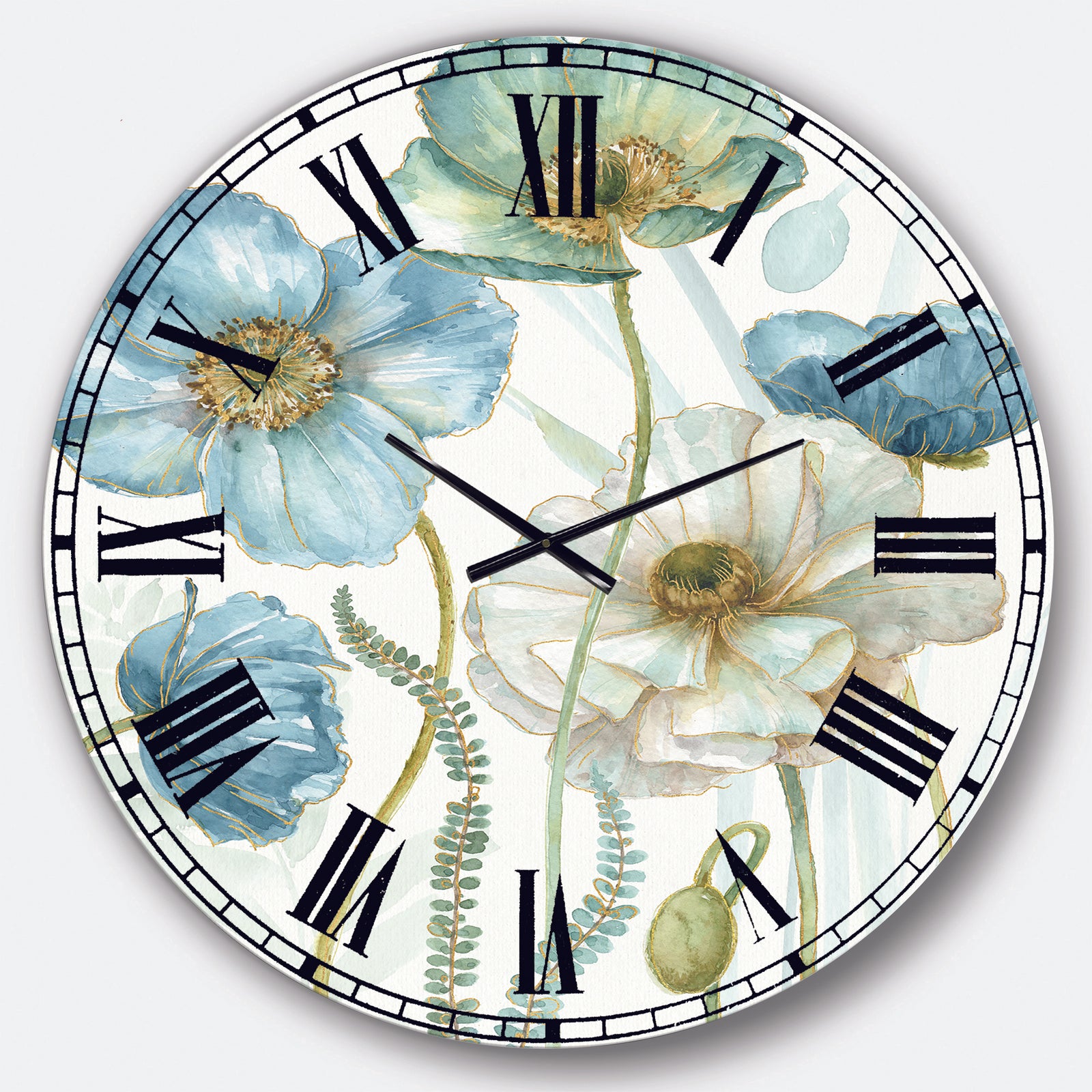 Blue Cottage Flowers Drawing II - Farmhouse Large Wall CLock