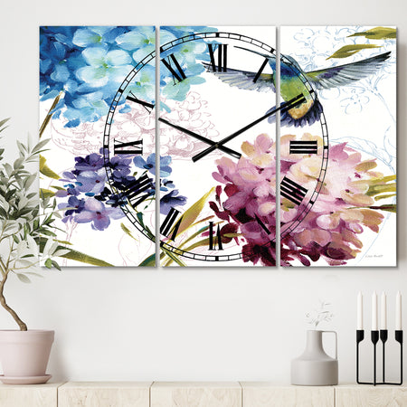 Porch & Den Hummingbird Blue Cottage Flower - 3-panel Oversized Metal Clock