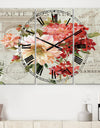 Red Painted Flowers on Vintage Postcard I - Cottage 3 Panels Large Wall CLock