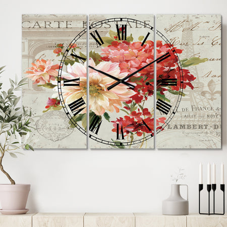 Red Painted Flowers on Vintage Postcard I - Cottage 3 Panels Large Wall CLock