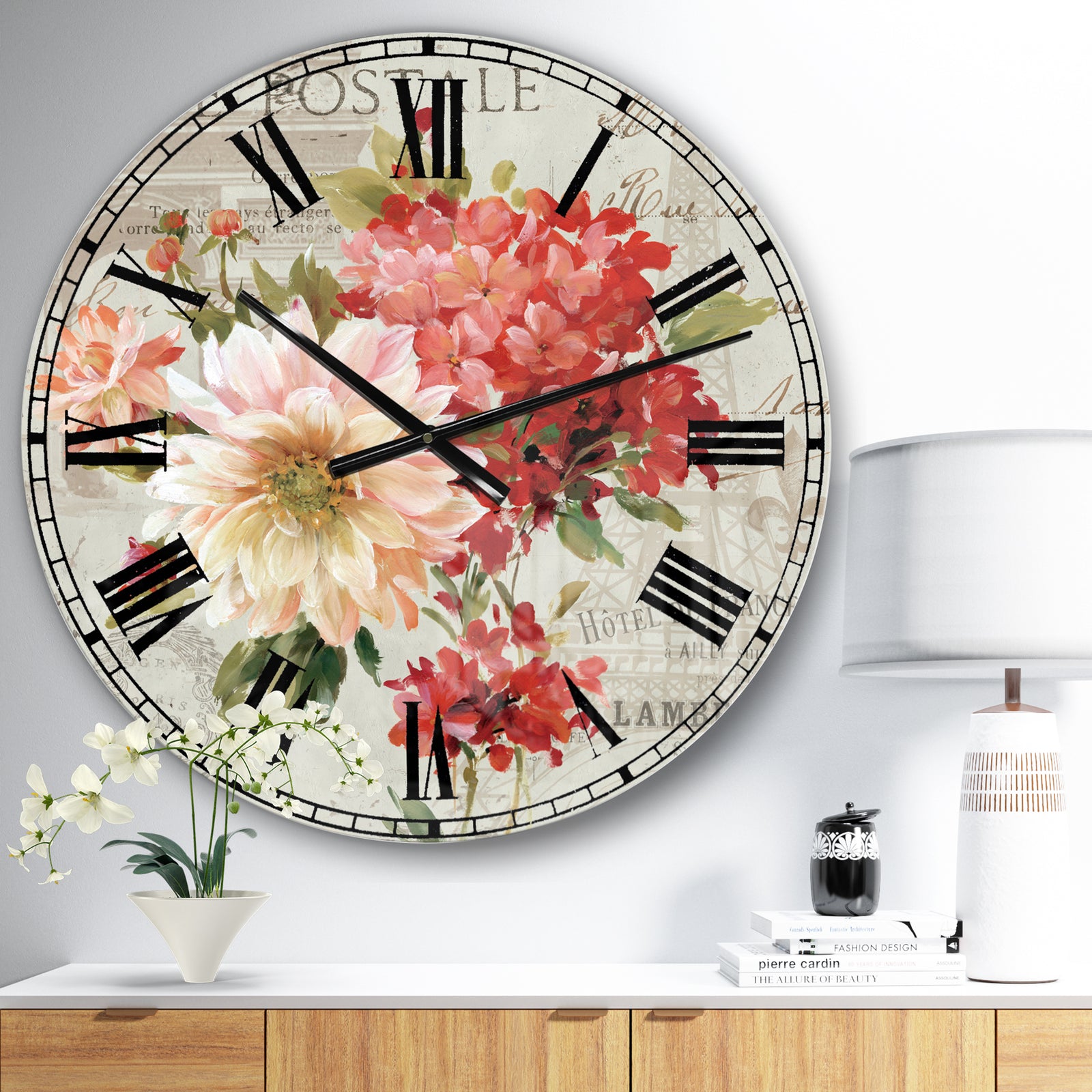 Red Painted Flowers on Vintage Postcard I - Traditional Large Wall CLock