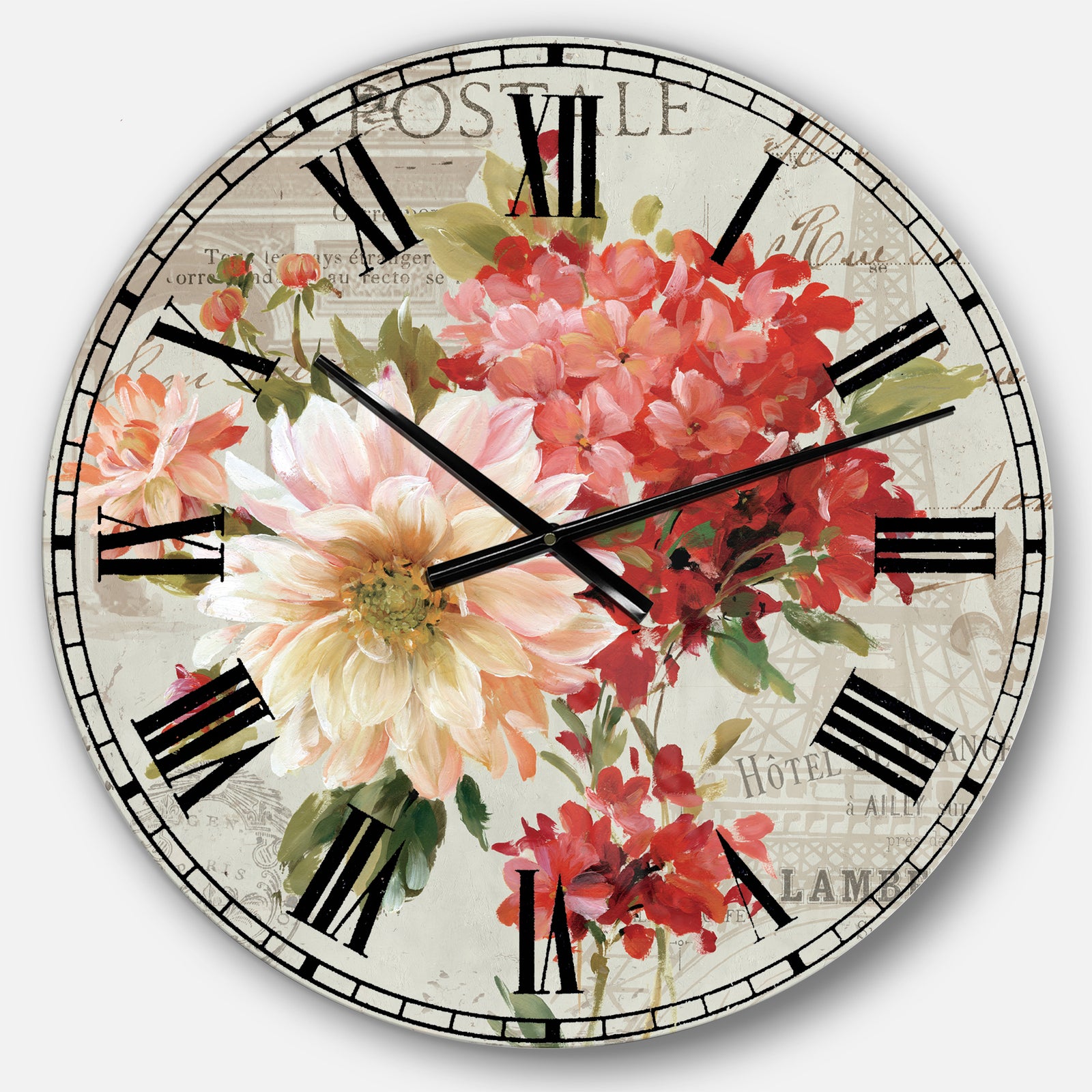 Red Painted Flowers on Vintage Postcard I - Traditional Large Wall CLock