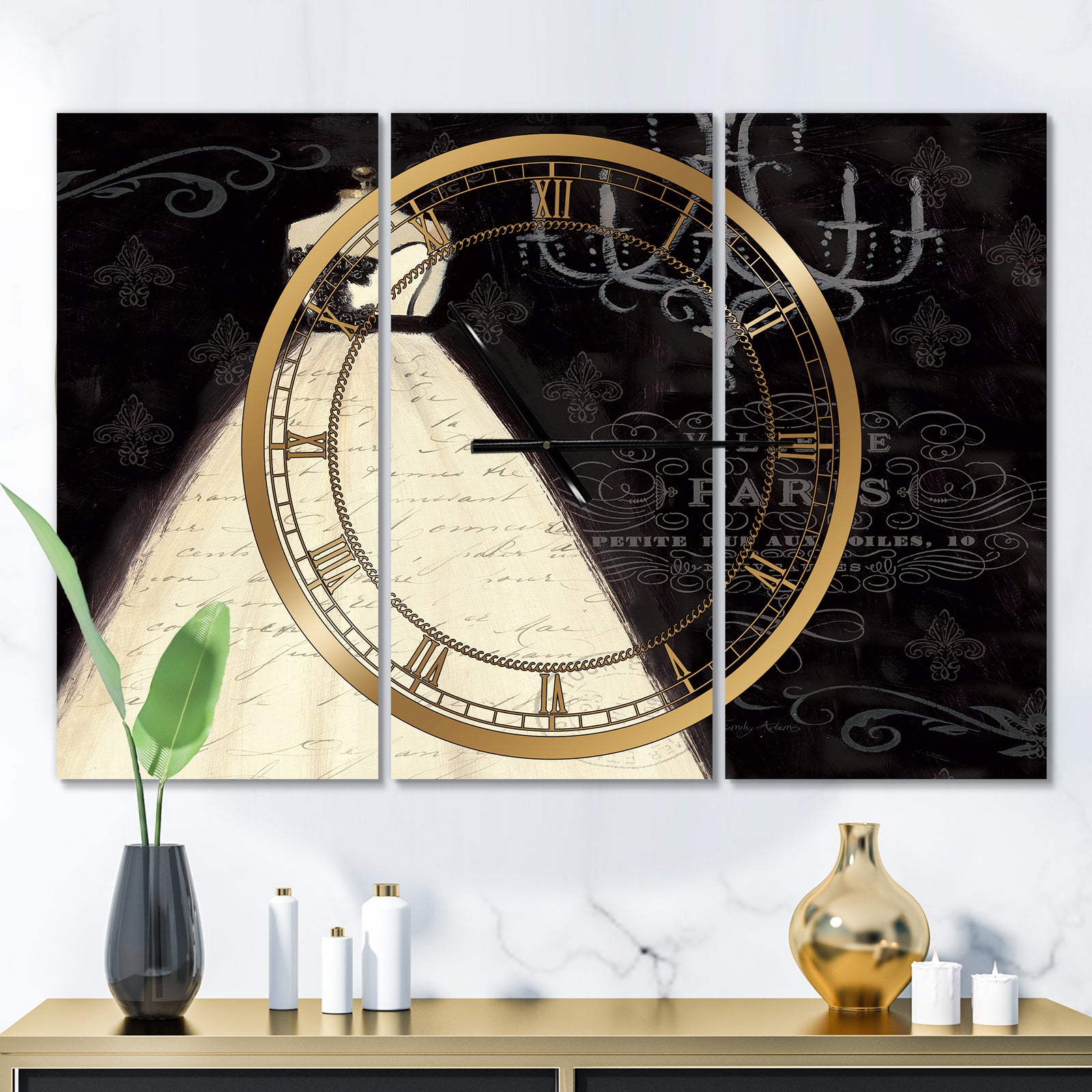 French Couture I - Glam 3 Panels Oversized Wall CLock