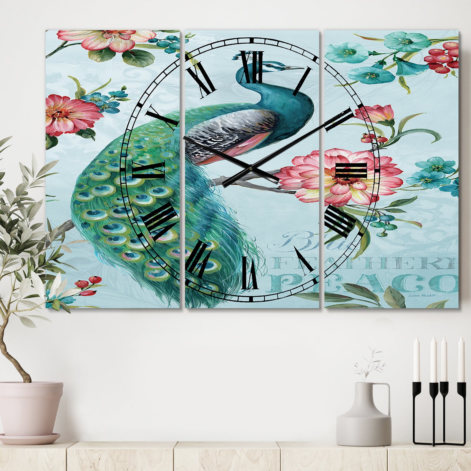 Peacock - Cottage 3 Panels Large Wall CLock