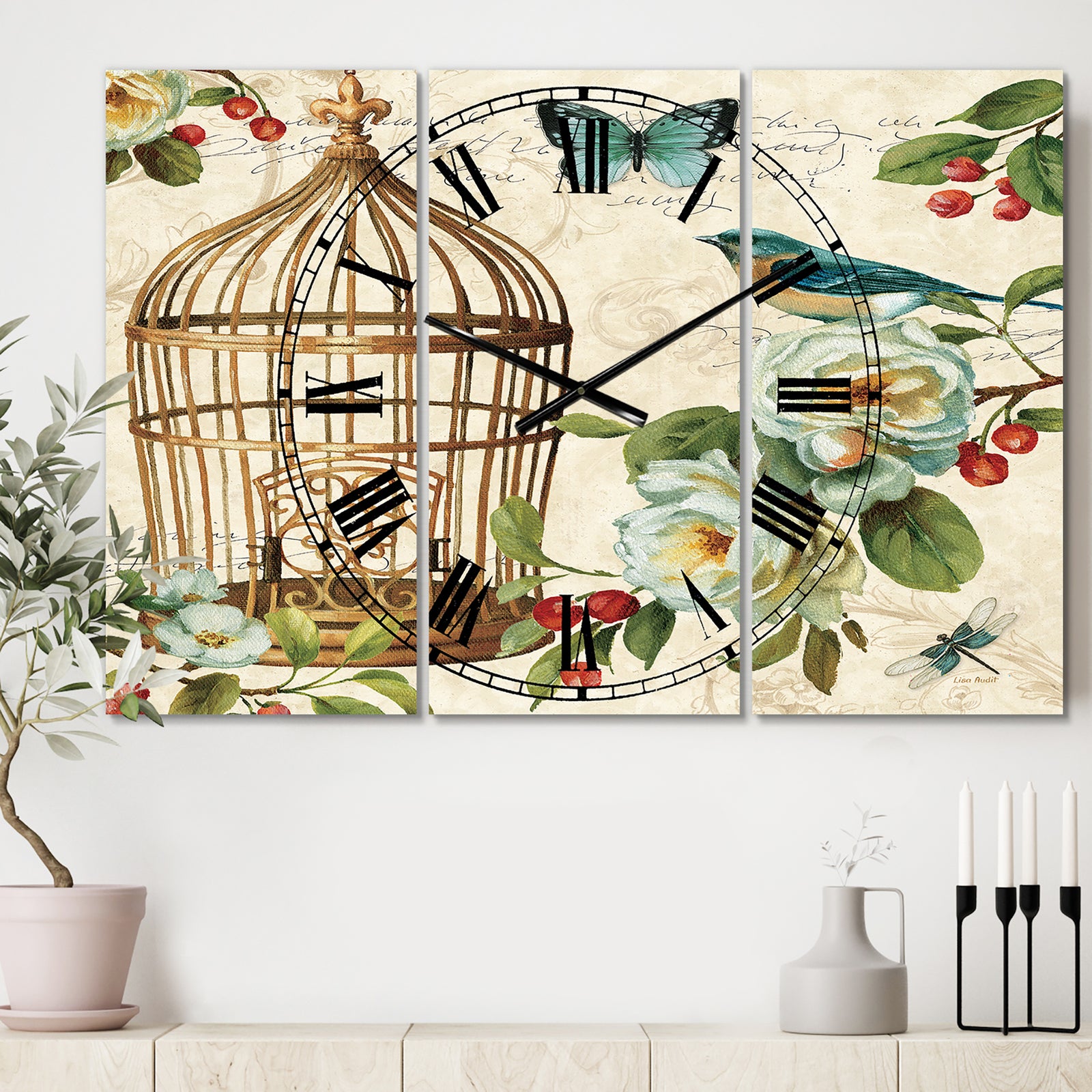 Blue Cottage Bird, Birdcage and Apple Blossoms I - Cottage 3 Panels Oversized Wall CLock