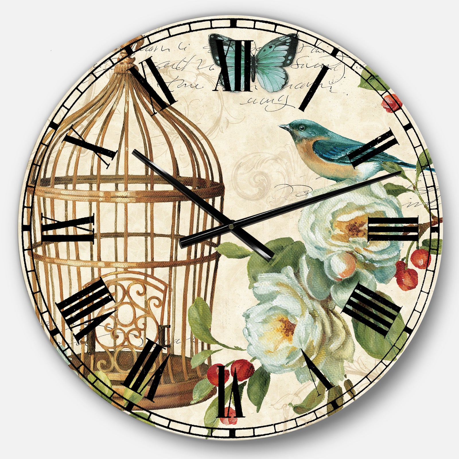 Blue Cottage Bird, Birdcage and Apple Blossoms I - Floral and botanical Large Wall CLock
