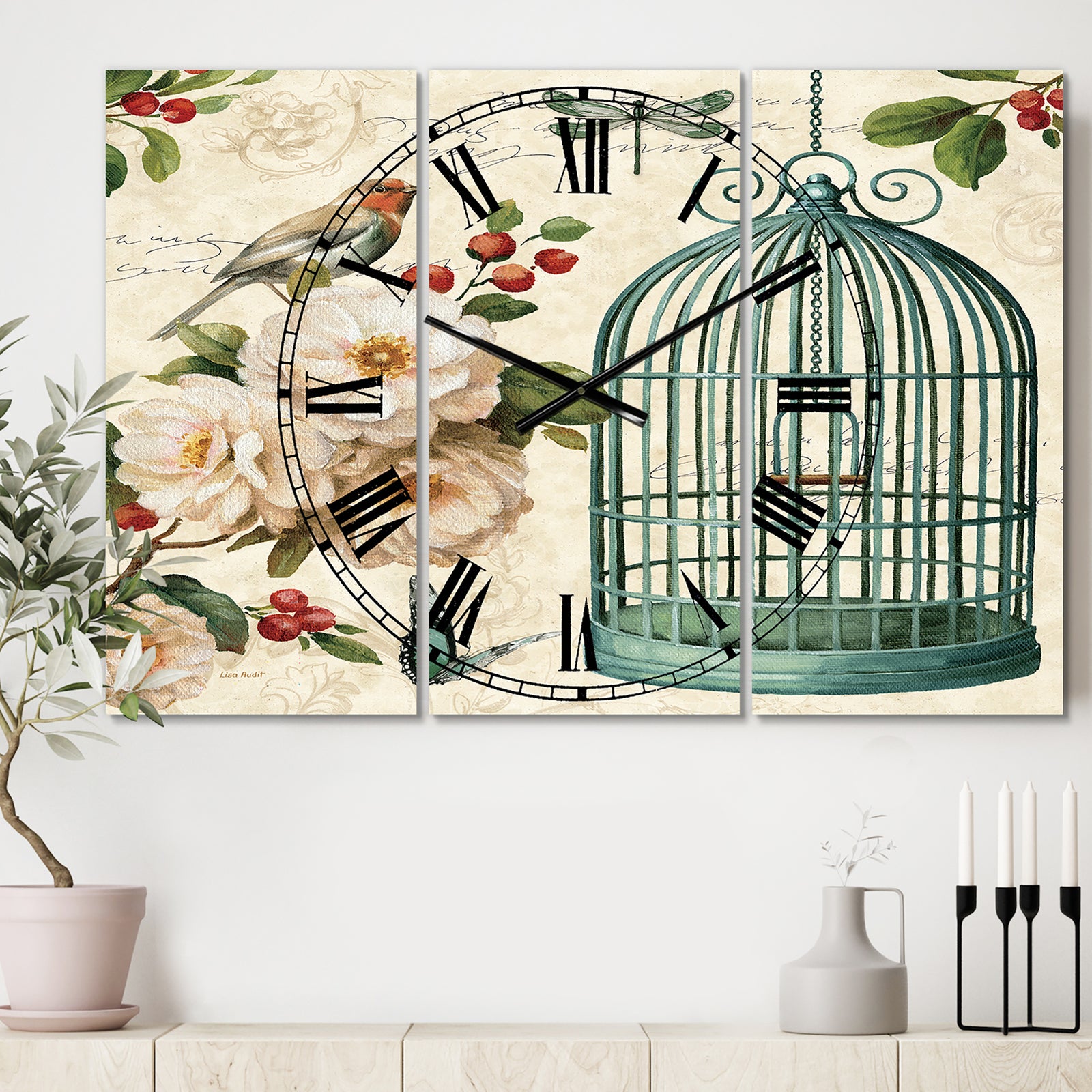 Blue Cottage Bird, Birdcage and Apple Blossoms II - Cottage 3 Panels Oversized Wall CLock