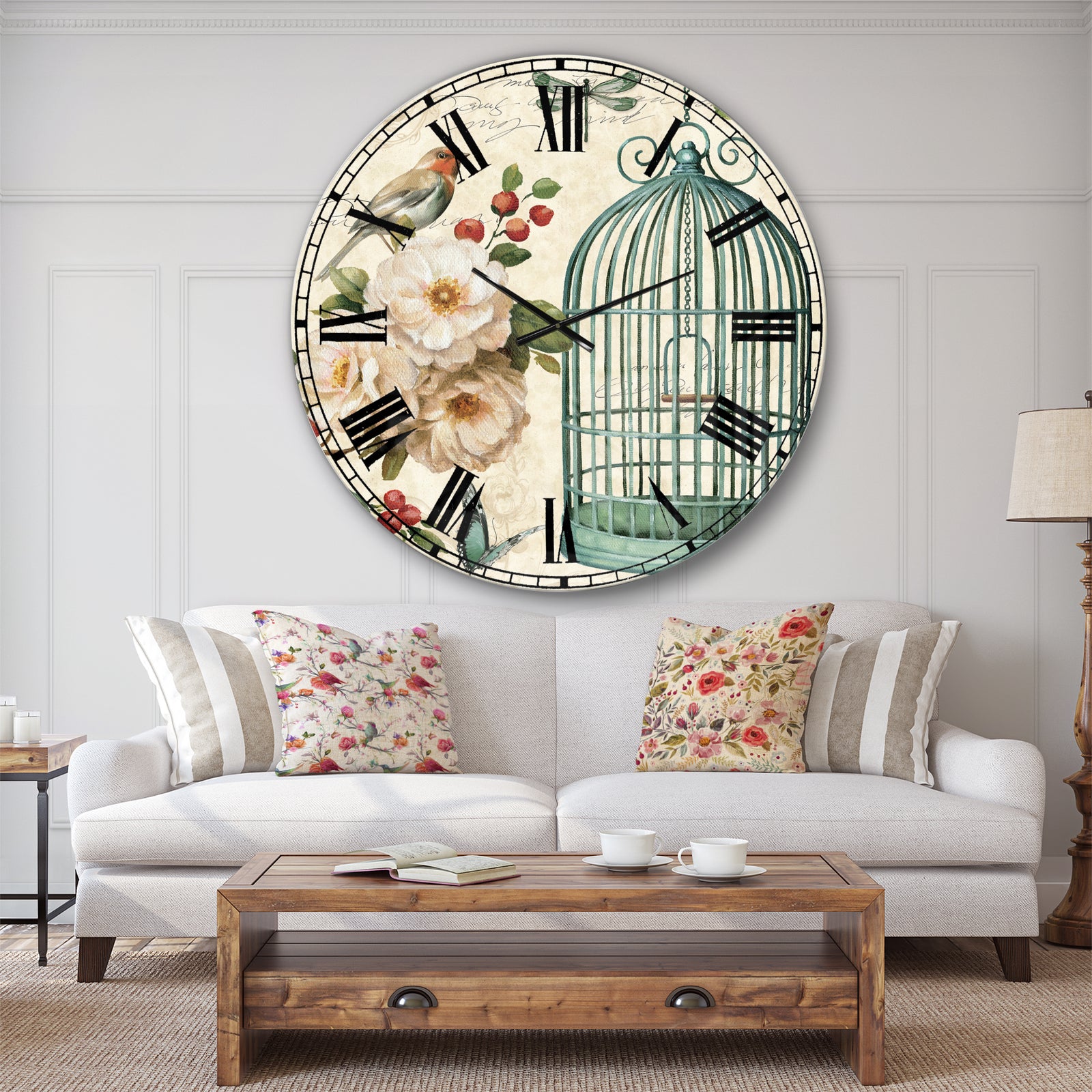 Blue Cottage Bird, Birdcage and Apple Blossoms II - Floral and botanical Wall CLock
