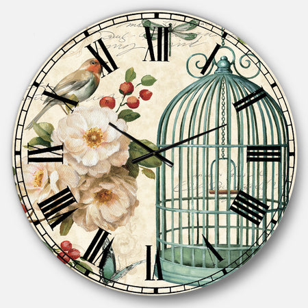 Blue Cottage Bird, Birdcage and Apple Blossoms II - Floral and botanical Wall CLock