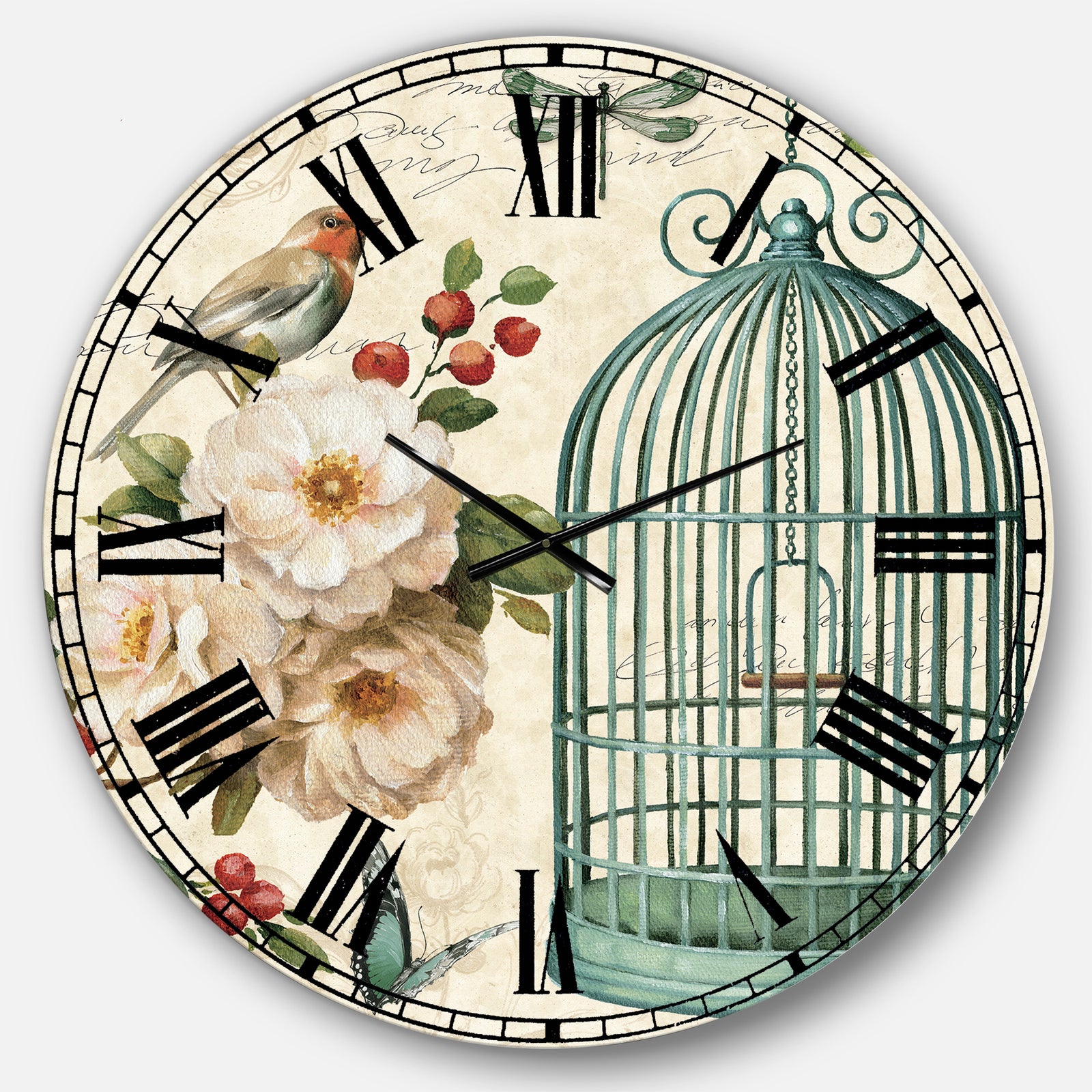 Blue Cottage Bird, Birdcage and Apple Blossoms II - Floral and botanical Wall CLock
