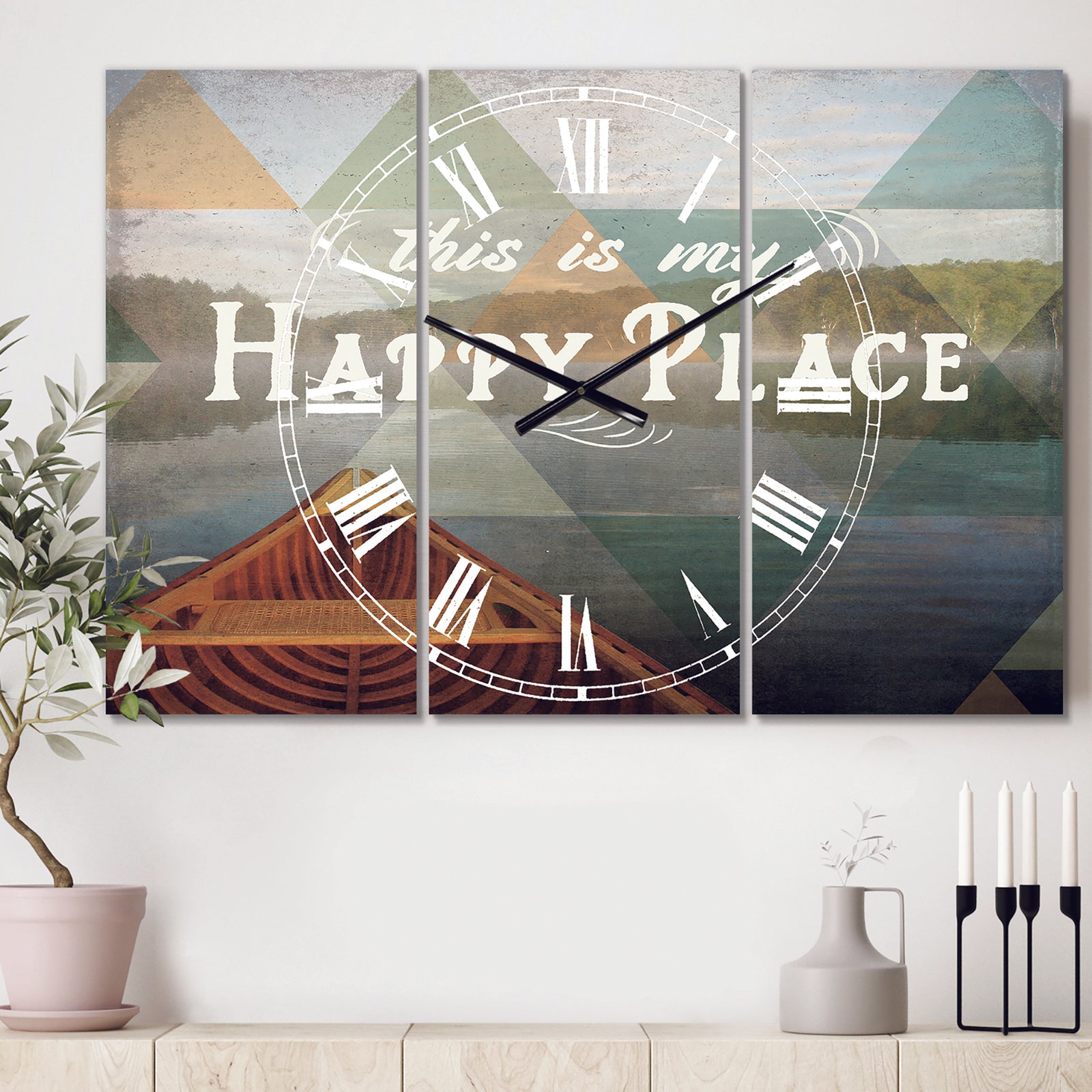 Lake House Happy Quote - Cottage 3 Panels Oversized Wall CLock