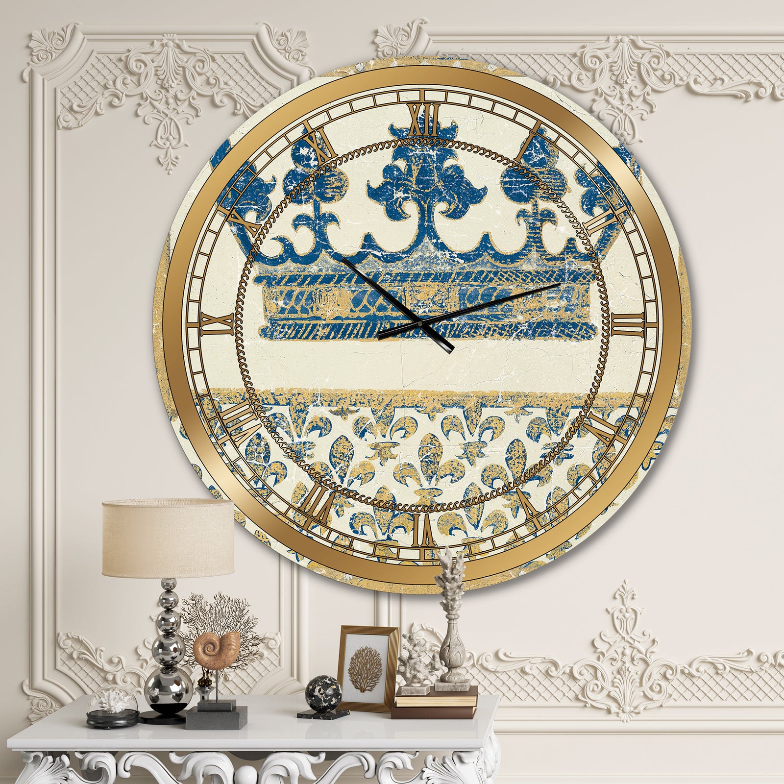 Fleur de Lis Gold Crown - Ornate Glam Large Wall CLock