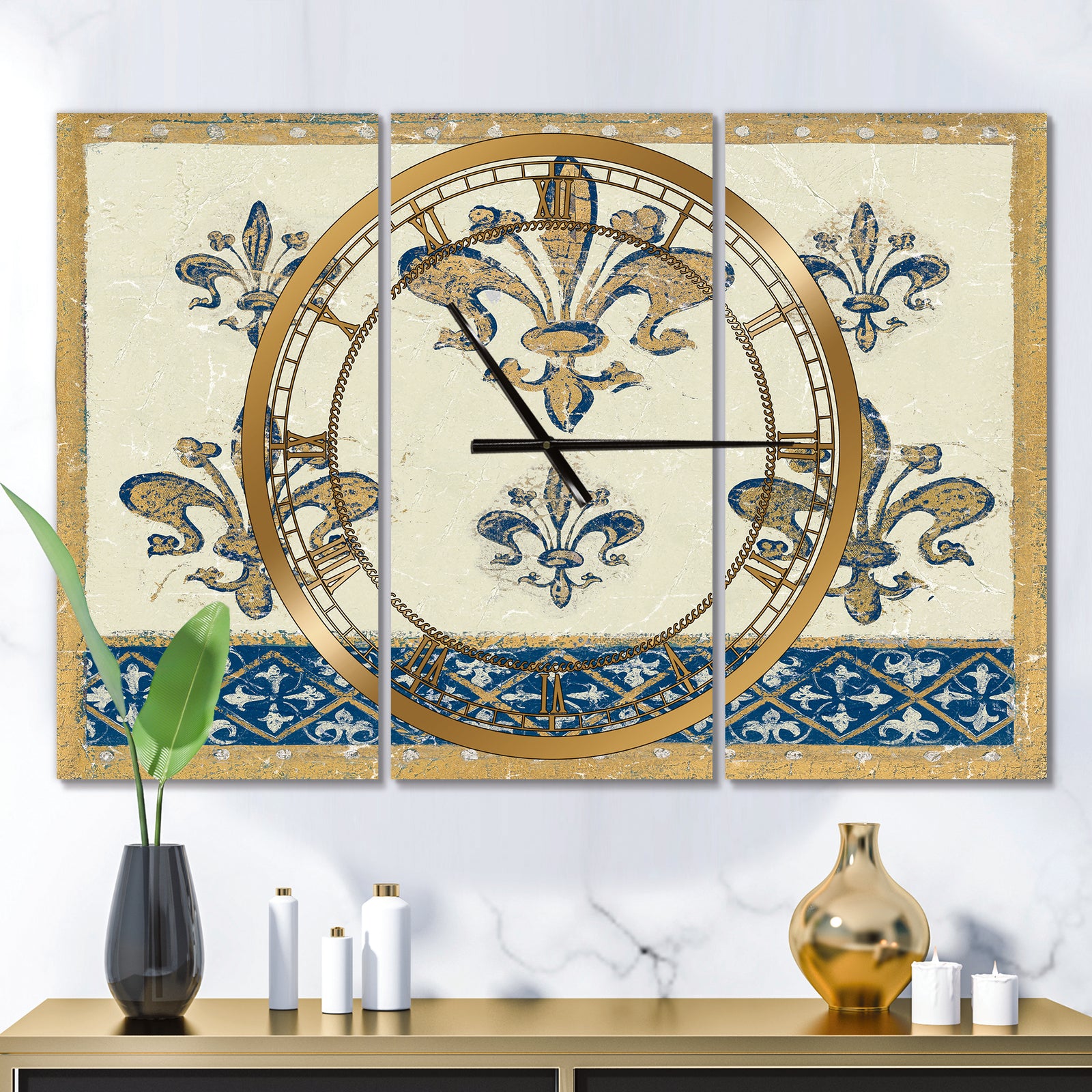 Fleur de Lis Gold Pattern - Glam 3 Panels Oversized Wall CLock