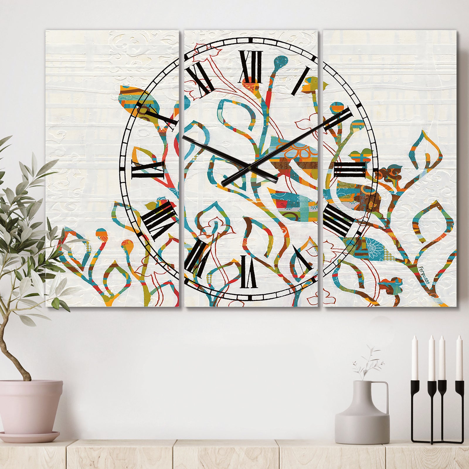 Rainbow Coloured Vines And Flowers - Cottage 3 Panels Large Wall CLock
