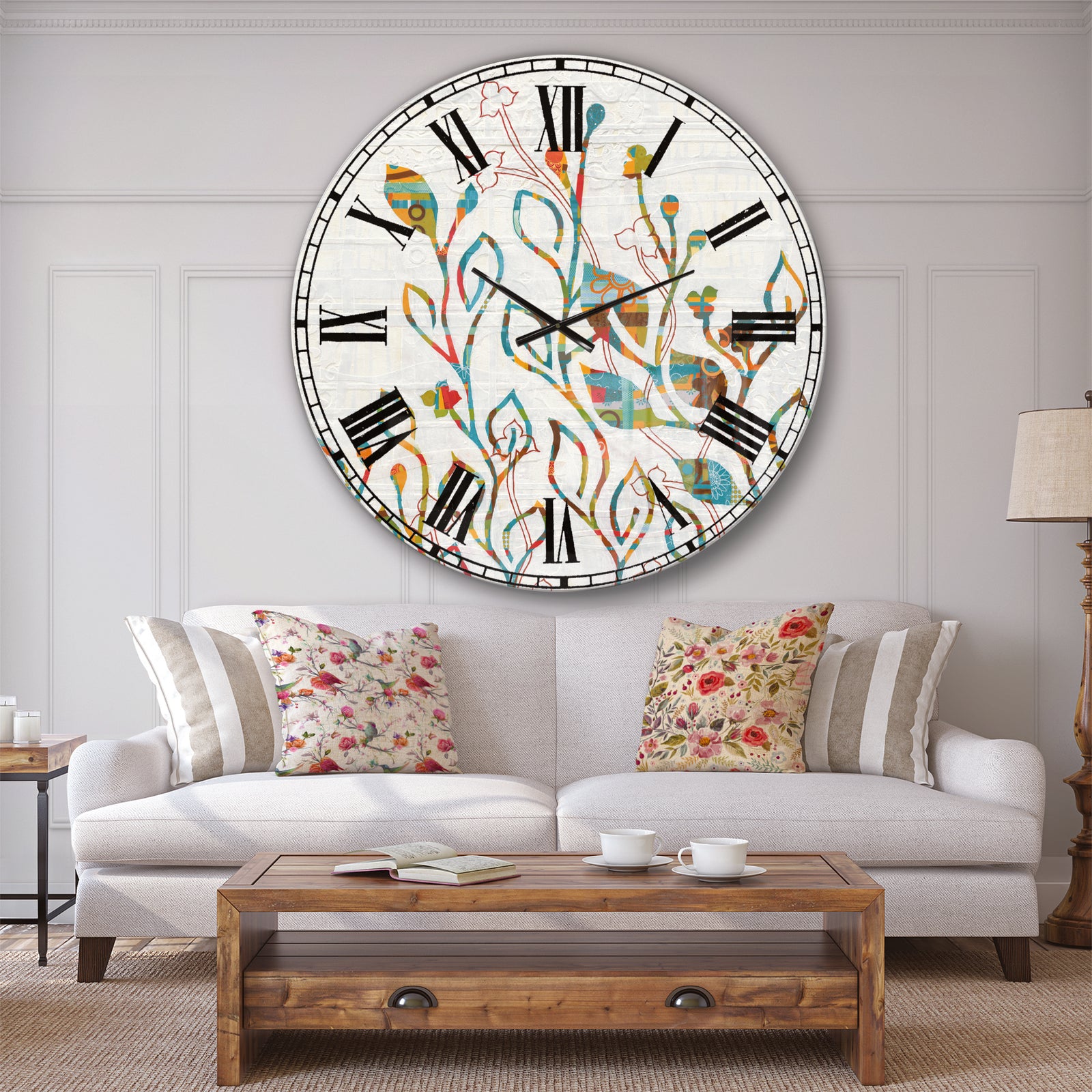 Rainbow Coloured Vines And Flowers - Cabin & Lodge Large Wall CLock