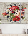 Red Painted Flowers on Vintage Postcard II - Cottage 3 Panels Large Wall CLock