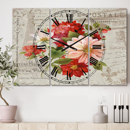Red Painted Flowers on Vintage Postcard II - Cottage 3 Panels Large Wall CLock