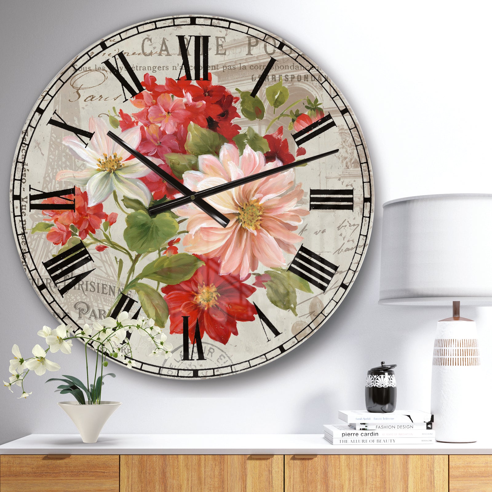 Red Painted Flowers on Vintage Postcard II - Farmhouse Wall CLock