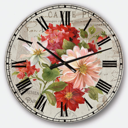 Red Painted Flowers on Vintage Postcard II - Farmhouse Wall CLock