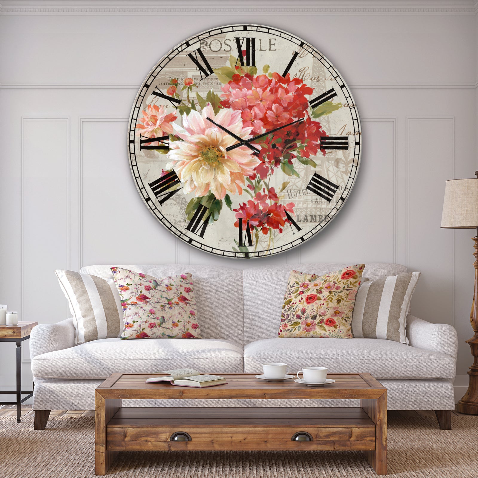 Red Painted Flowers on Vintage Postcard III - Farmhouse Large Wall CLock