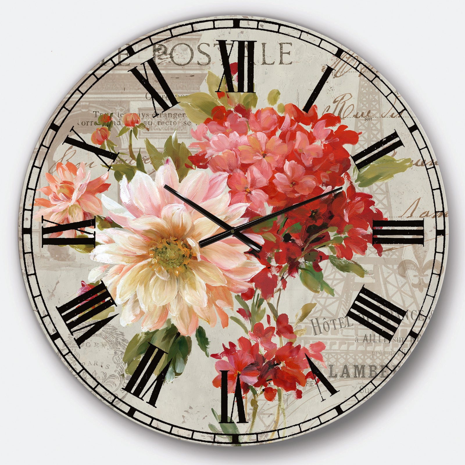 Red Painted Flowers on Vintage Postcard III - Farmhouse Large Wall CLock
