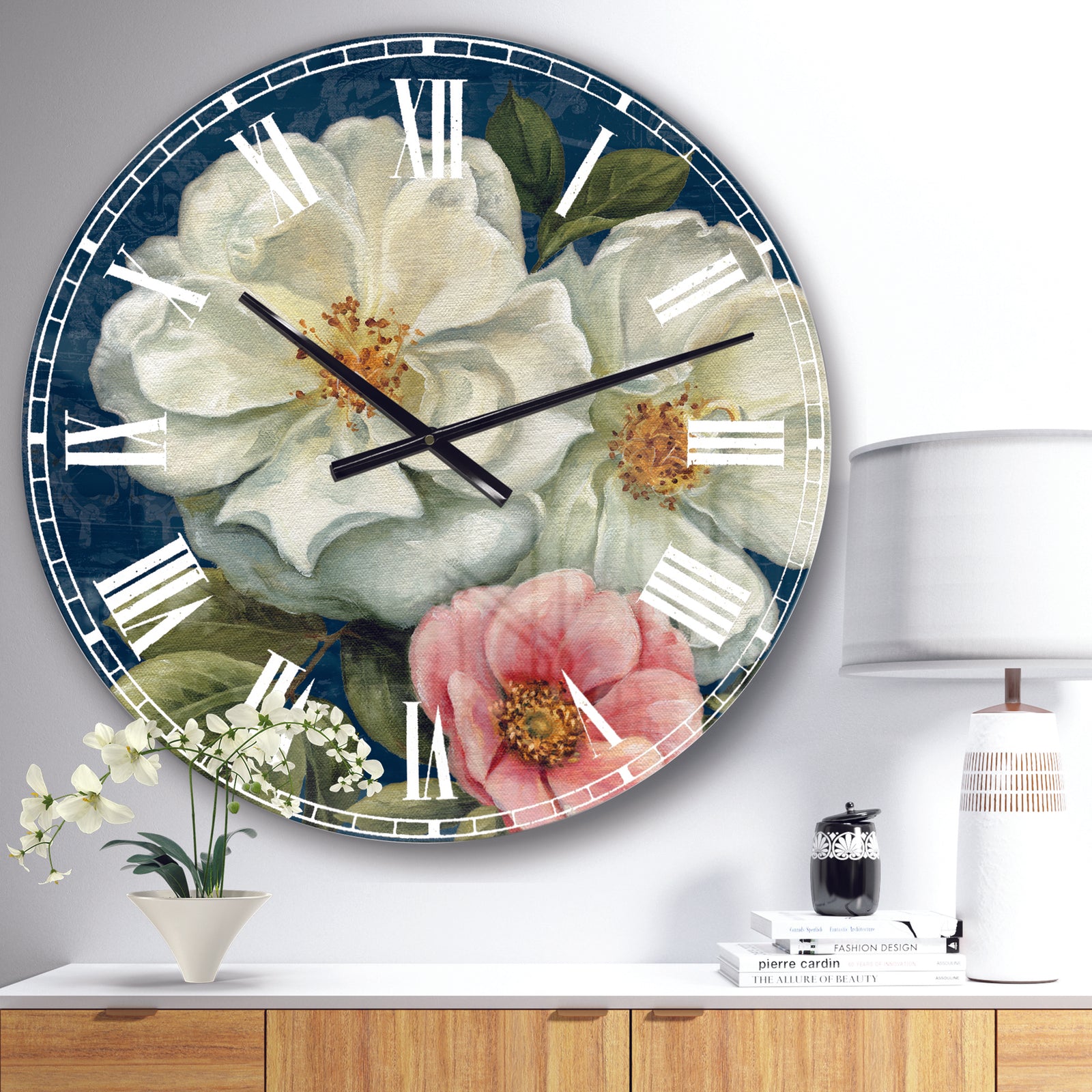 Blue Damask Flowers - Farmhouse Wall CLock
