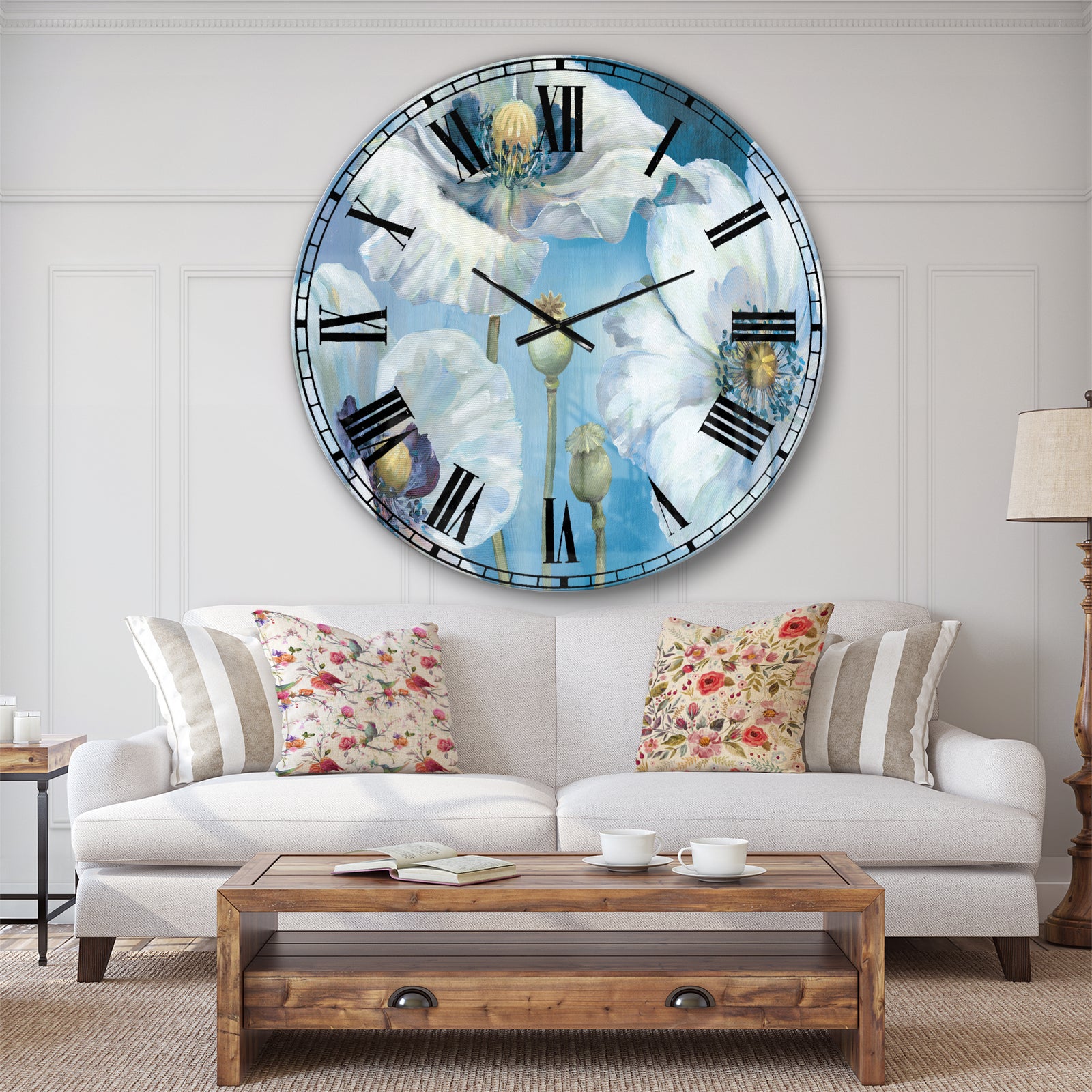 White Flower on Blue II - Farmhouse Large Wall CLock