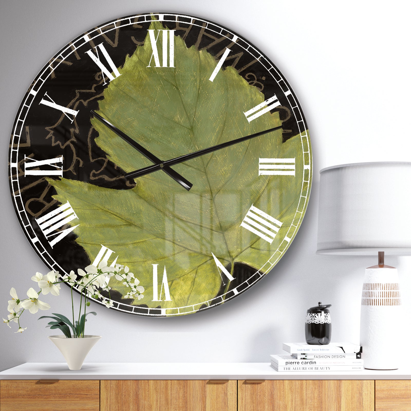 Porch & Den Handpainted Green Leaf On Black - Traditional Oversized Metal Clock