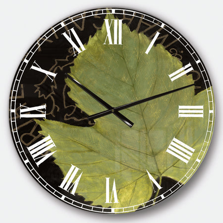 Porch & Den Handpainted Green Leaf On Black - Traditional Oversized Metal Clock