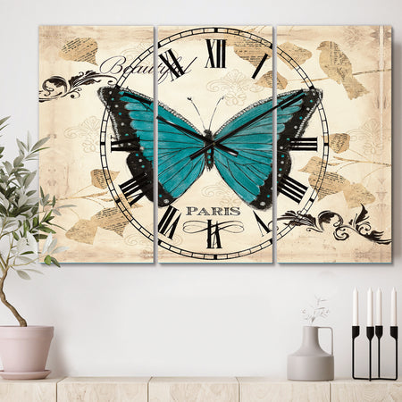 Blue Farmhouse Butterfly - Cottage 3 Panels Oversized Wall CLock