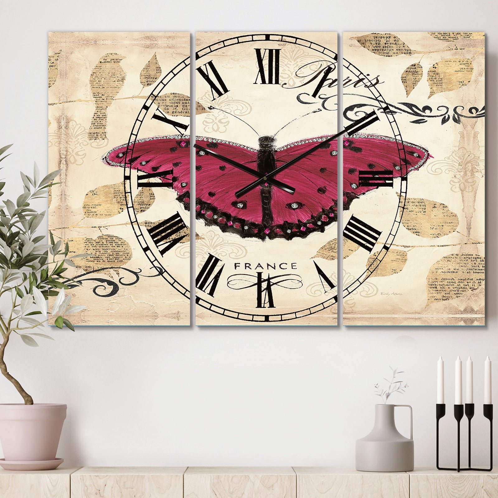 Red Farmhouse Butterfly - Cottage 3 Panels Large Wall CLock