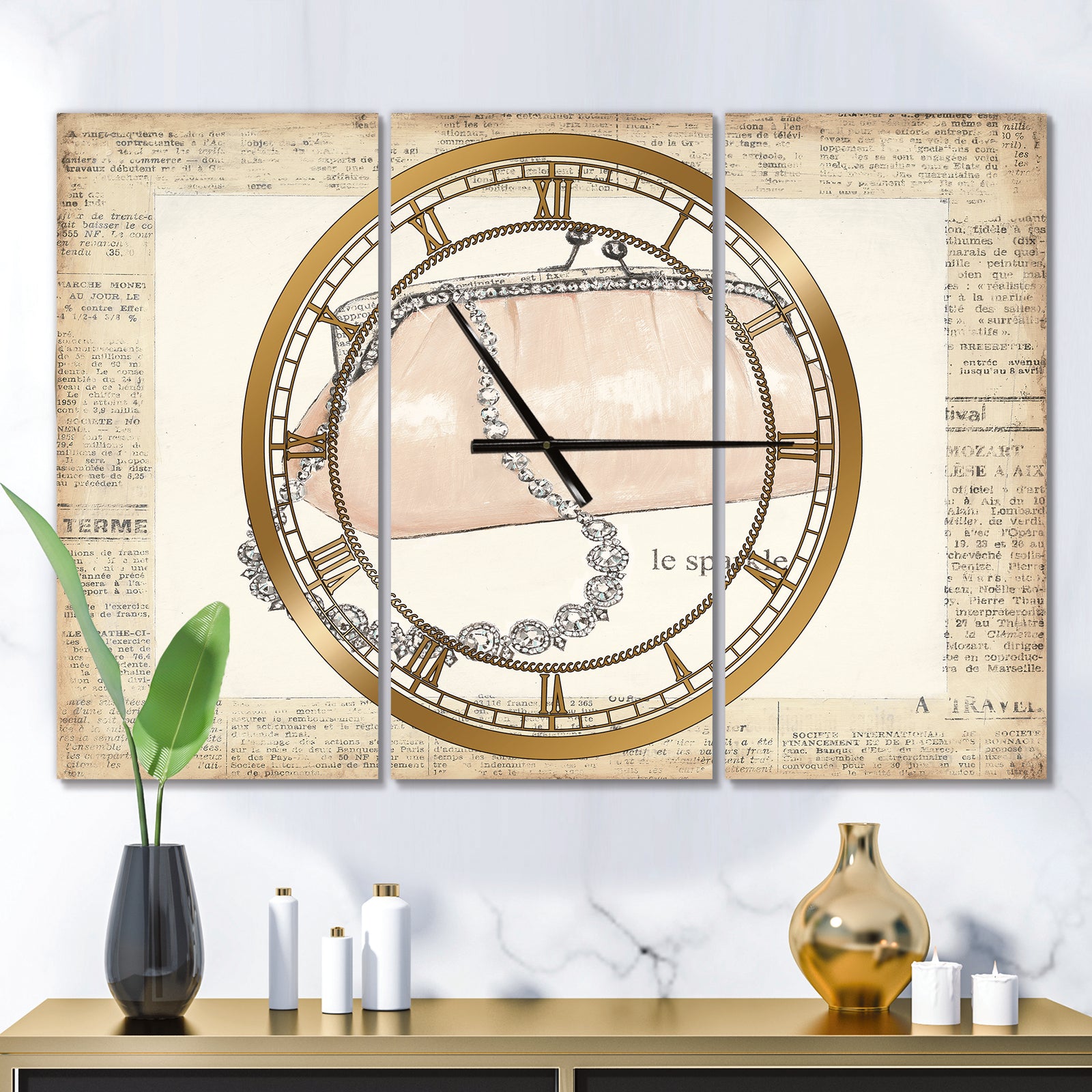 Glamorous Sparkle Purse I - Glam 3 Panels Large Wall CLock