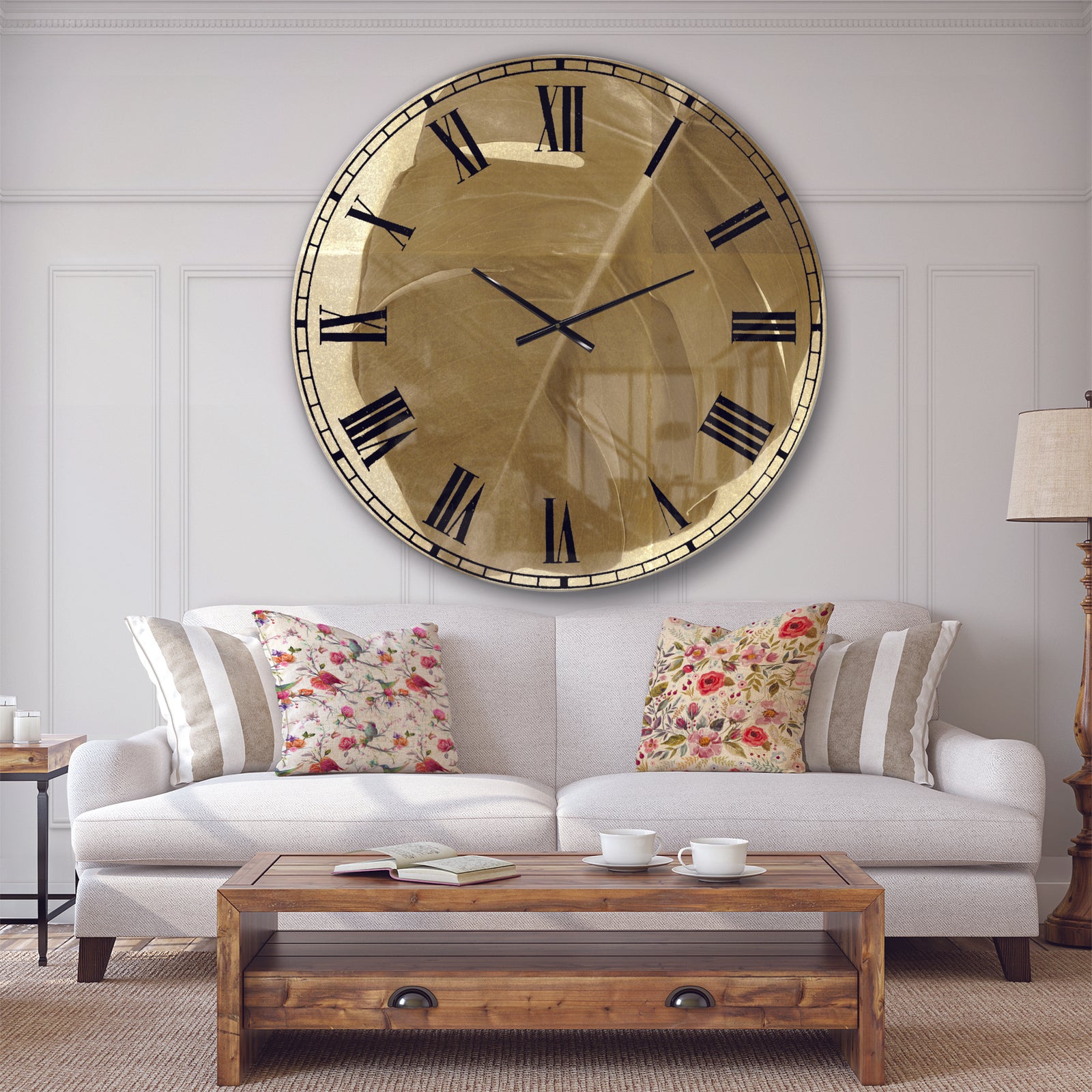Botanical Beige Retro Leaf - Lake House Wall CLock