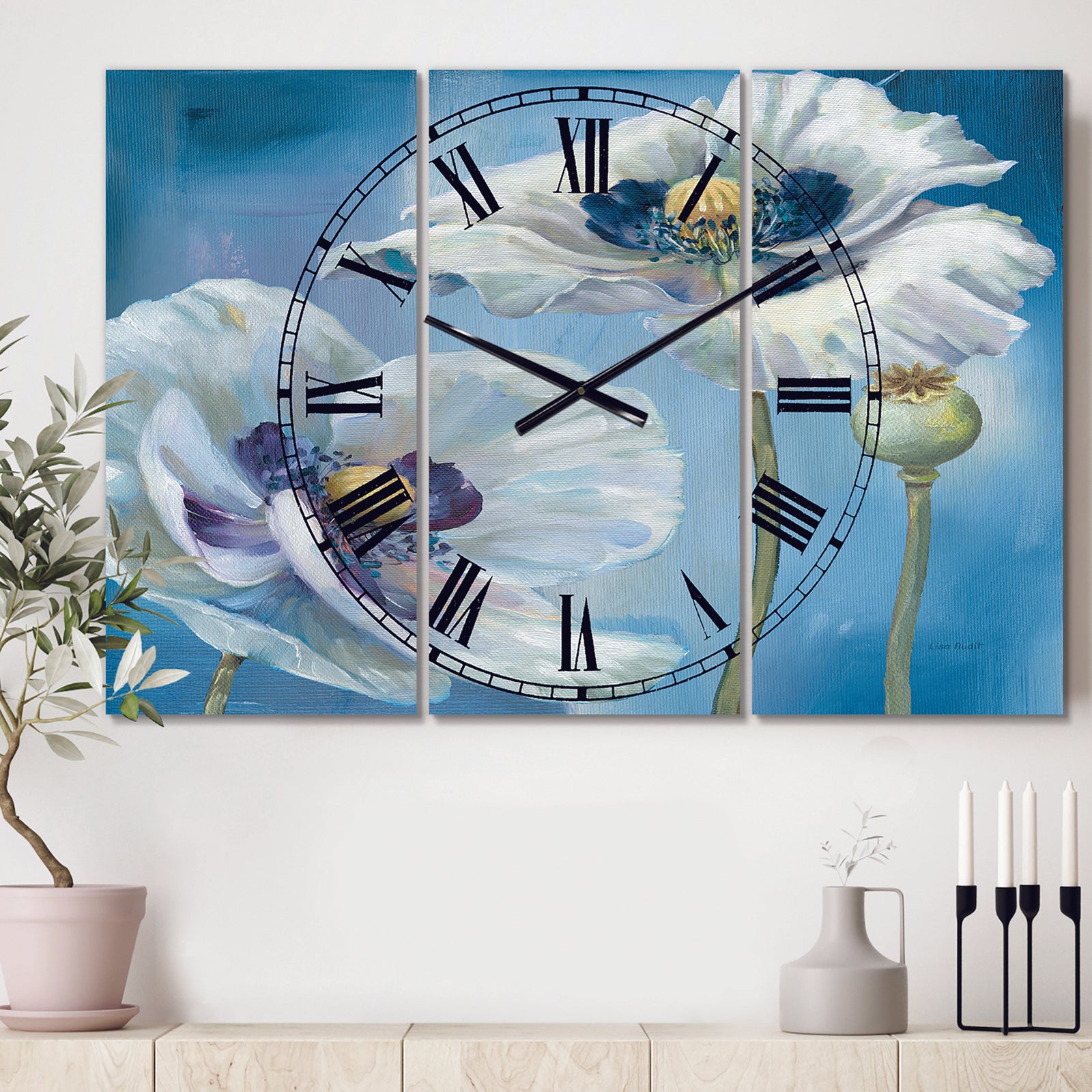 White Flower on Blue I - Cottage 3 Panels Oversized Wall CLock