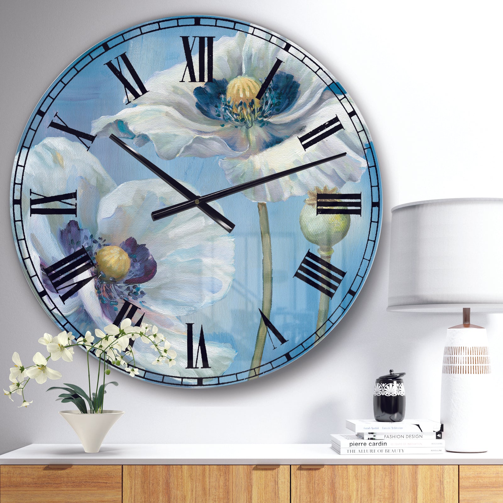 White Flower on Blue I - Farmhouse Large Wall CLock