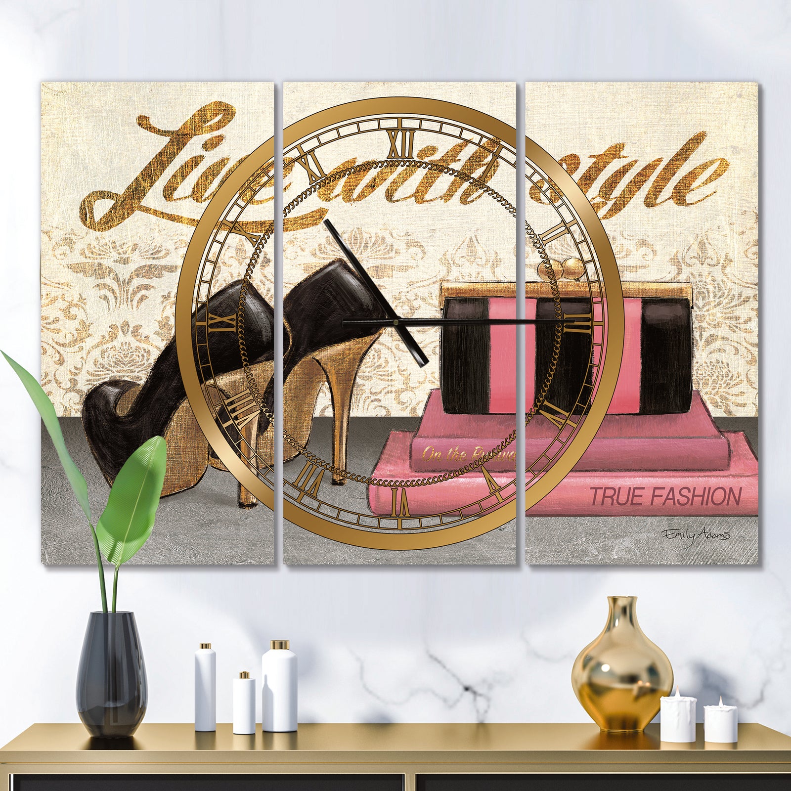 Gold Fabulous Life Style II - Glam 3 Panels Large Wall CLock