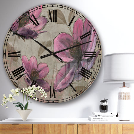 Plum Pink Cottage Flowers - Traditional Wall CLock